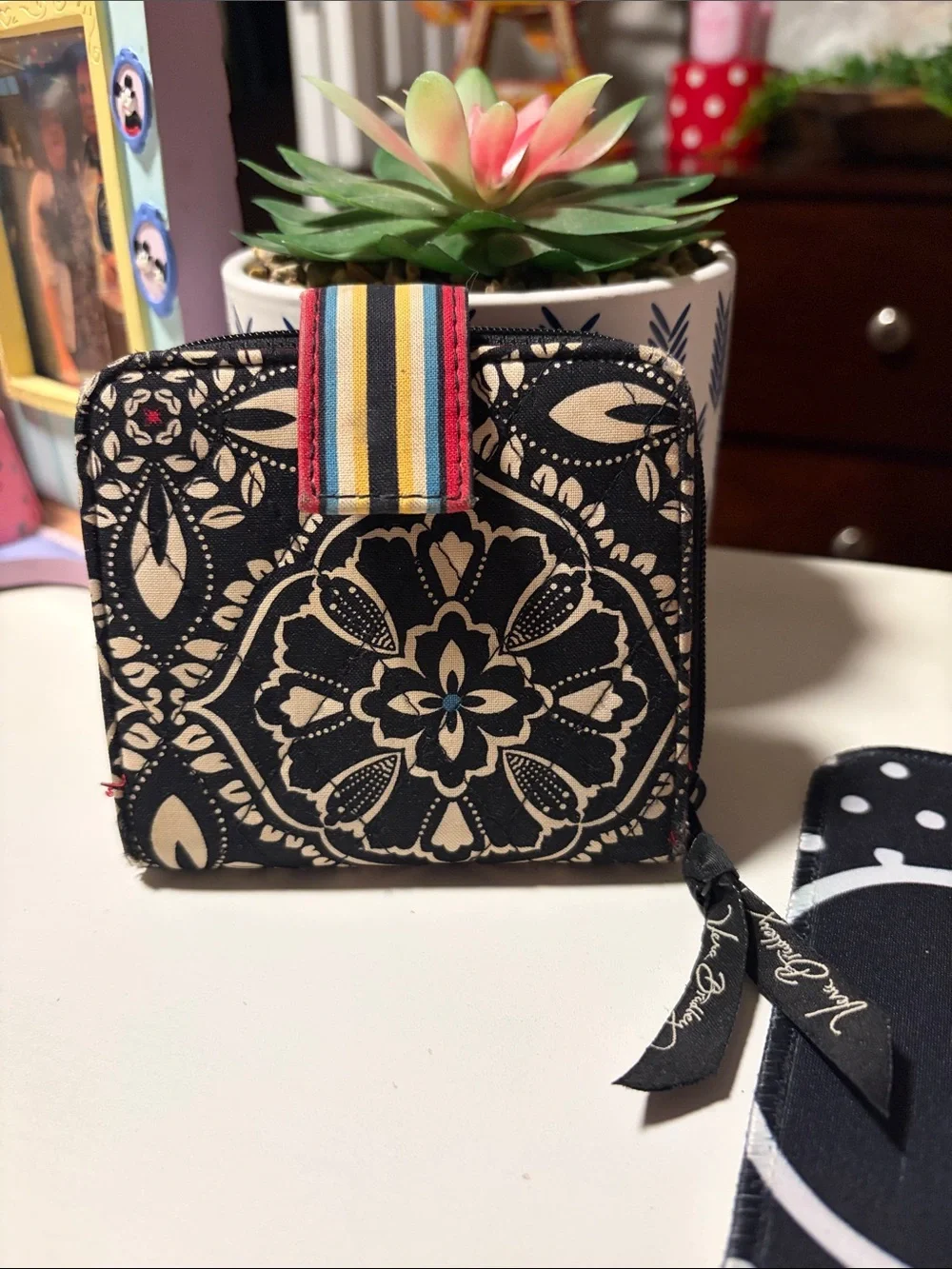 Vera Bradley Black & Cream Floral Zip Wallet with Multicolor Stripe Tab